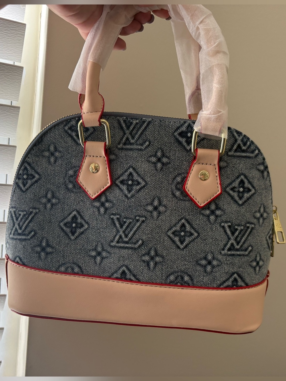 Designer Blue Jean Monogram Denim Satchel Bag comes with adjustable straps